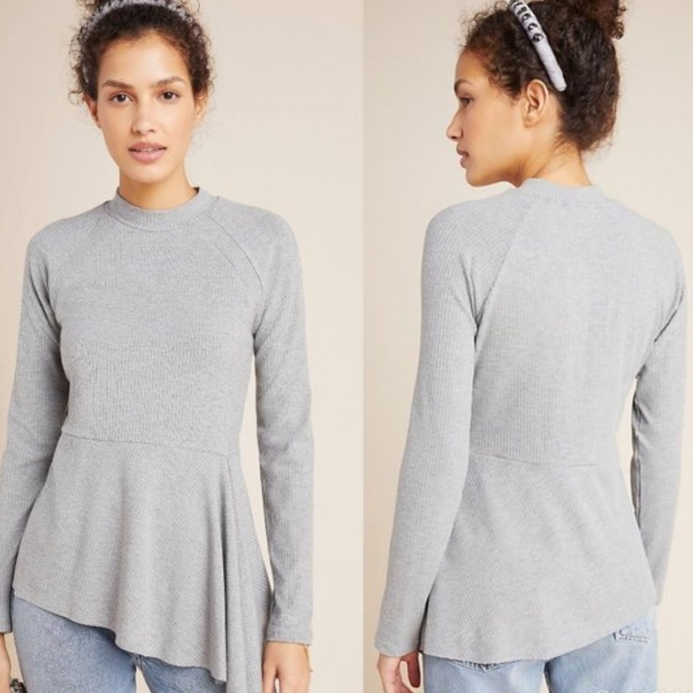 Anthropologie Heather Gray Ribbed Peplum Long-Sleeve Top